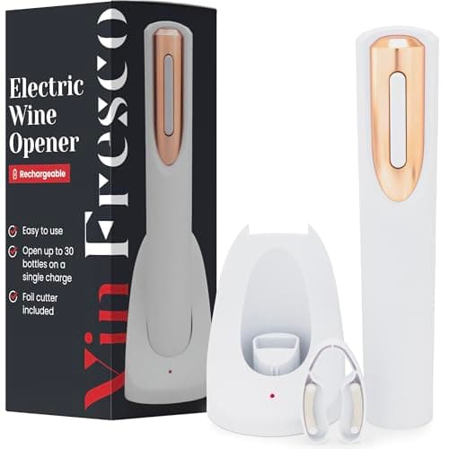 Rechargeable Electric Wine Bottle Opener - Charging Base and Foil Cutter Included with Automatic Wine Opener - Electric Corkscrew for Easy Cork Removal - Best Gift for Wine Lover (White & Rose Gold)