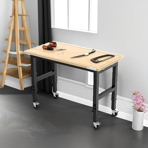 LARBANKE 48" Heavy-Duty Adjustable Workbench with Brake Wheels,Hardwood Worktable Weight Capacity Over 2000 Lbs,Rubber Wood Workbench has Adjustable 5 Different Heights,for Workshop,Garage,Office,Home 5