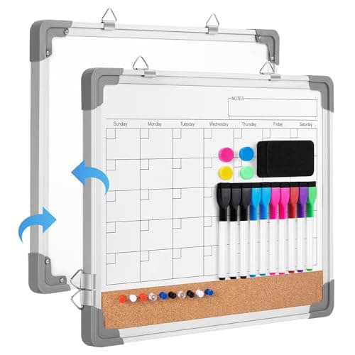 VUSIGN Monthly Calendar White Board Dry Erase Cork Board Combination for Wall, 17''x13'' Double-Sided Magnetic Dry Erase Board, Portable Calendar Bulletin Board for Office, Kitchen, School, Home