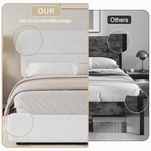 HOMBCK Queen Size Boucle Bed Frame, Upholstered Bed Frame Queen Size with Headboard, Soft Cloud Bed with Thickened Footboard, Rounded Corners, No Box Spring Needed, Easy Assembly, White 5