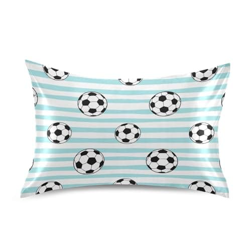 Soccer Blue Stripe Pillow Covers Silk Pillowcase for Hair and Skin Soft Smooth Breathable Cooling Satin Pillowcase Standard Size Pillow Case for Hot Sleepers Bed Women, 20x26 Inch