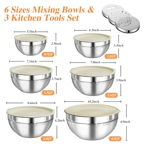 Winproper Mixing Bowls with Lids Set, 6 PCS Stainless Steel Mixing Bowls with 3 Grater Attachments, Kitchen Food Storage Organizers Nesting Mixing Bowl, Large Size 4.5, 3.5, 2.1, 1.5, 1.1, 0.7QT 5