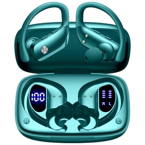 bmani Ear Buds Wireless Earbuds Bluetooth Headphones with 80H Playtime LED Display Case, Over-Ear Hook with Mic, Stereo Sound, Easy Button Controls, Sports Earphones for Running Workout Gym Green