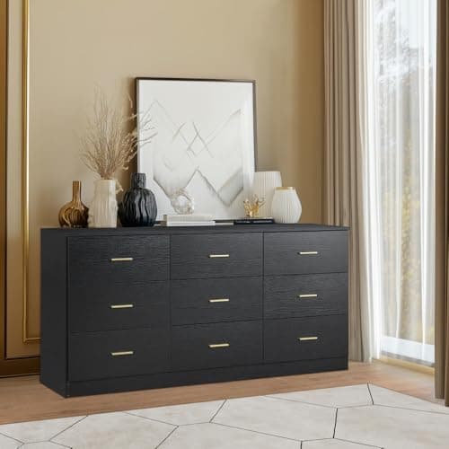 Mixcous 9 Drawer Dresser, 62.9" Large Deep Chest of Drawers,Wooden Dresser Storage Cabinet with 9 Drawers for Bedroom, Long Black Dressers for Living Room, Hallway,Nursery