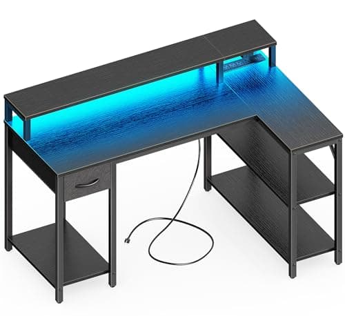 SUPERJARE 47 inch L Shaped Gaming Desk with LED Lights & Power Outlets, Reversible Computer Desk with Shelves & Monitor Stand, Corner Desk with Drawer, for Home & Office, Black