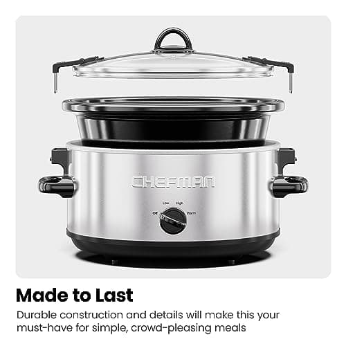 Chefman 6 Quart Slow Cooker with Locking Lid, Ceramic Crock with Portable Cook and Carry Travel Latching Lock, Large Easy Clean Dishwasher Safe Pot Insert, Manual 3 Heat Settings, Stainless Steel 8