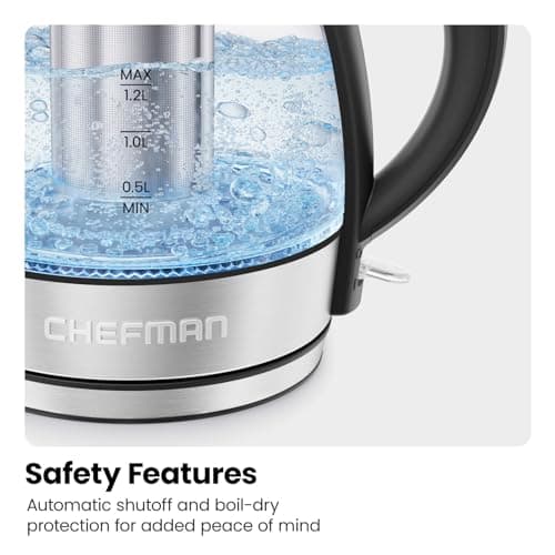 CHEFMAN Electric Kettle - 1.2L 1500W Hot Water Tea Pot with Infuser, BPA Free, Auto Shut Off, Boil-Dry Protection, Removable Lid, LED Light, Cordless Glass Electric Tea Kettle – Stainless Steel 5