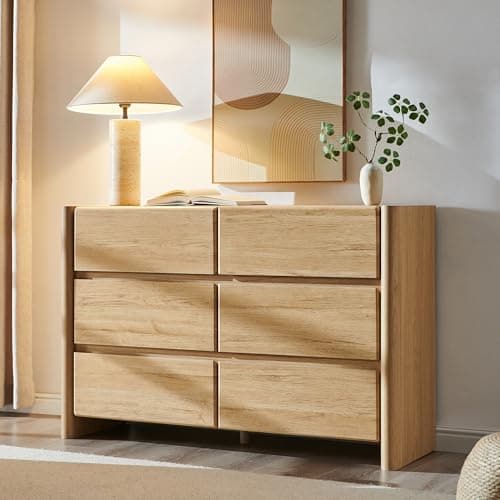 wow97e Modern 6 Drawers Dresser for Bedroom, 47" Wide Dresser w/Large Storage & Rounded Corner, Wood Handleless Chests of Drawers w/Natural Texture for Bedroom, Hallway, Living Room-Natural