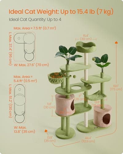 Feandrea Cat Tree, 68.1-Inch Tall Cat Tower, Multi-Level Plush Condo with Artificial Leaves, 3 Scratching Posts, 2 Pompoms with Bells, Grass Green and Camel Brown UPCT330C01 6