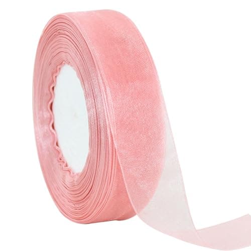 TONIFUL 1 Inch-50yds Pink Sheer Chiffon Ribbons, Organza Ribbon for Wedding,Christmas,Valentine's Décor,Gift Wrapping, Bows Making, Floral Bouquets and Handmade Craft Supplies