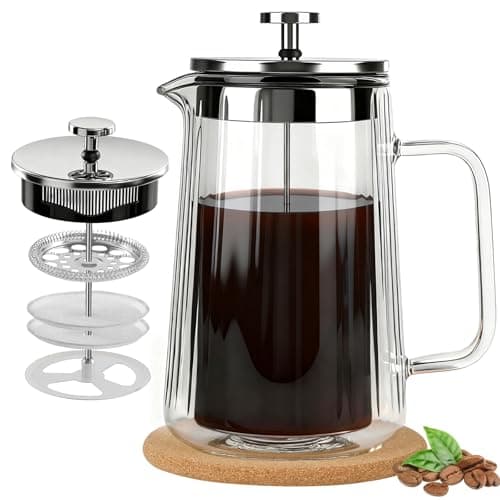 CHDEXU Glass French Press Coffee Maker 34oz, Double Wall Heat-Resistant Borosilicate Glass Coffee Press with Stainless Steel 4-Level Filtration, Also Fit for Tea