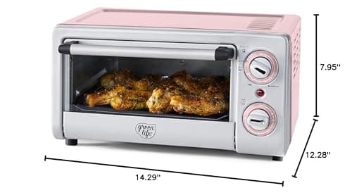 GreenLife Countertop Toaster Oven Air Fryer Stainless Steel, Healthy Ceramic Nonstick, PFAS Free, Tray & Basket, Bake, Broil, Reheat, Adjustable Temp & Time Control, Auto Shutoff, Pink 10