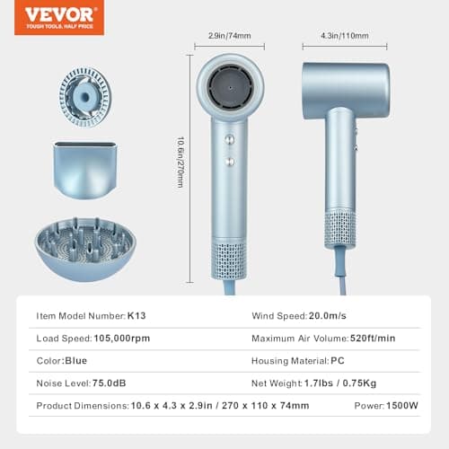 VEVOR High-Speed Hair Dryer with 105,000RPM Brushless Motor, 200 Million Negative Ions Hair Blow Dryer, 4 Temps & 3 Speeds, LCD Display Thermo-Control Hairdryer with Diffuser & Nozzle for Home Travel 8