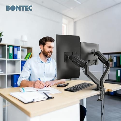 BONTEC Dual Monitor Stand for 15-38 Inch Screens, Gas Spring Adjustable Monitor Arm, Full Motion VESA 75x75/100x100mm Desk Mount with Tilt, Swivel, Rotation, Ergonomic Design for Home Office or Gaming 9
