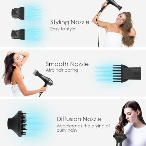Faszin Ionic Salon Hair Dryer, Professional Blow Dryer AC Motor Fast Drying with 2 Speed, 3 Heat Setting, Cool Button, with Diffuser, Nozzle, Concentrator Comb for Curly & Straight Hair-Black 6