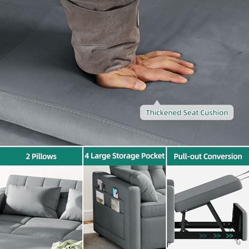 YITAHOME 55" Convertible Sofa Bed, 3-in-1 Sleeper Sofa with Pull-Out Bed, Velvet Futon Couch with Reclining Backrest and Side Pocket, Modern Loveseat for Living Room, Grey, Full Size 5