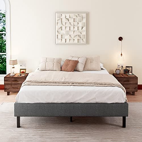 Allewie Queen Size Upholstered Platform Bed Frame/Wood Slats Support/Low Profile Bed Frame/No Box Spring Needed/Easy Assembly/Dark Grey 3