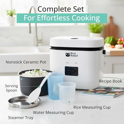 Rice Robot Personal Rice Cooker, PFAS-free, Nonstick. 1 Quart Capacity, with Stainless Steel Steamer Tray, Measuring Cups, Recipe Book with 60 Recipes, and Serving Spoon, As Seen On TV 5