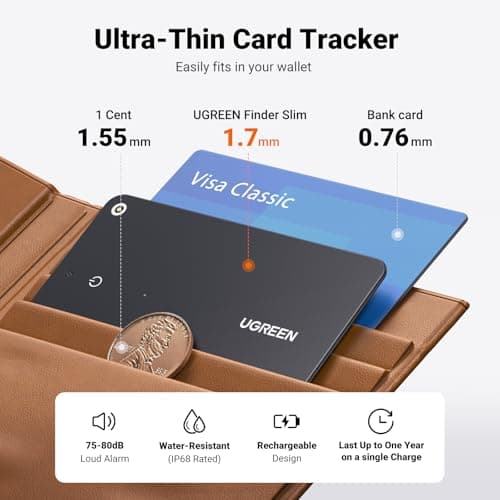 UGREEN FineTrack Slim Wallet Tracker Card (iOS Only), Bluetooth Tracker Card Finder 0.07in &IP68 Waterproof &One Charge Lasts A Year, Work with Apple Find My Rechargeable Tracker[Apple MFi Certified] 6