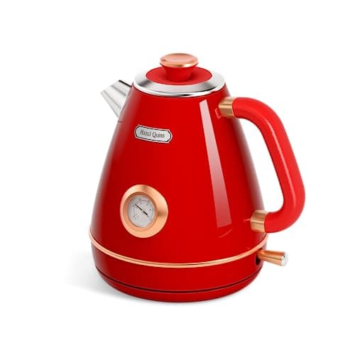 Hazel Quinn Retro Electric Kettle - 1.7 Liters / 57.5 Ounces Tea Kettle with Thermometer, All Stainless Steel, Fast Boiling 1200 W, BPA-free, Cordless, Rotational Base, Automatic Shut Off - Ruby Red
