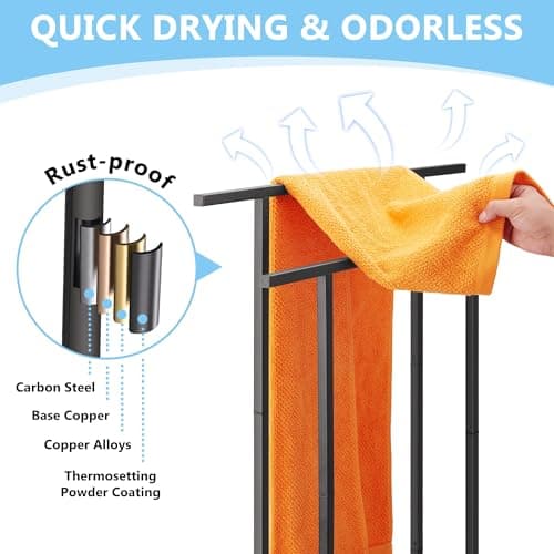 Standing Towel Racks for Bathroom, 2 Tier Bathroom Floor Free Standing Towel Rack, Tall Enough Pool Bath Drying and Dispaly Outdoor Stand for Storage, Black Freestanding Blanket Holder, ALHAKIN 5