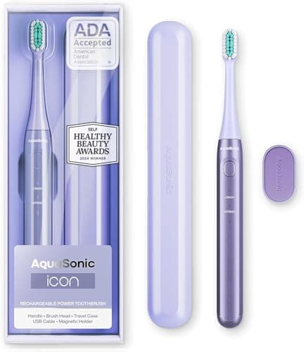 Aquasonic Icon ADA-Accepted Rechargeable Toothbrush | Magnetic Holder & Slim Travel Case | 2 Brushing Modes & Smart Timers | Gentle Micro-Vibrations (Lilac)