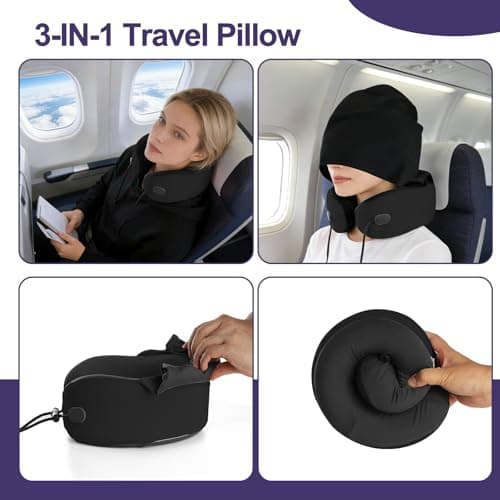 Neck Pillow for Travel, Premium Carbon-Infused Memory Foam, Cooling Fabric Pillow for Airplane, 360° Neck Support for Long Flights, Hooded Travel Pillowl for Planes, Cars and Office, Hooded, Black 7