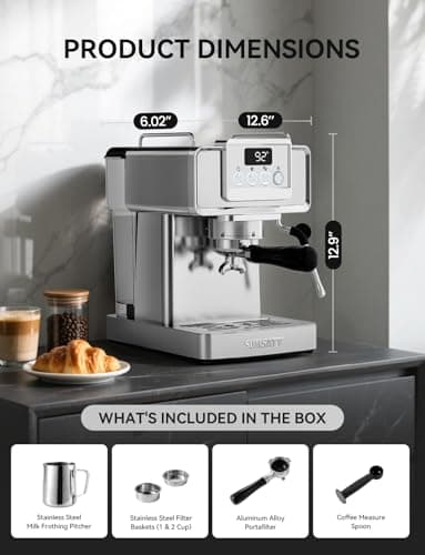 SUMSATY Espresso Machine 20 Bar, Stainless Steel Espresso Maker Professiona Coffee Maker with Power Steam & LED Display for Home Barista, Americano, Latte, Cappuccino Maker, 1.8L Water Tank 6