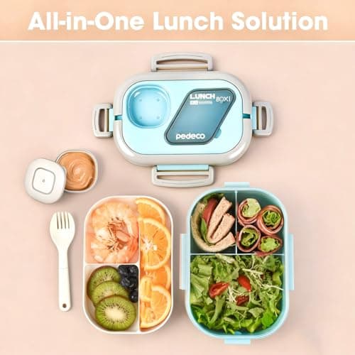 PEDECO Lunch Containers Bento Box Set for Adults & Kids with Insulated Bag, Leakproof 3-Compartment and 2-Tier Stackable Container with Portable Sauce Pod, Microwave/Dishwasher Safe, BPA-Free (Blue) 7