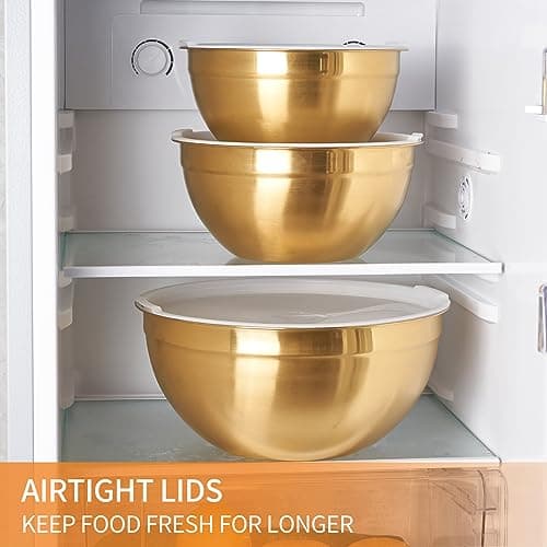 Moxinox Gold Mixing Bowls with Airtight Lids, Stainless Steel Nesting Mixing Bowls Set of 7, Ideal for Baking, Prepping and Serving Food, Size 7, 3.6, 2.7, 2.1, 1.5, 1.1,0.8 QT, Stackable Design 6