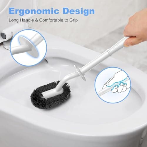 HAMITOR Toilet Bowl Brush Holder Set: Curved Design with Holder for Deep Cleaning Under Rim - Compact Hidden Scrubber for Small Space - Modern RV Bathroom Accessories - White 1 Pack 5