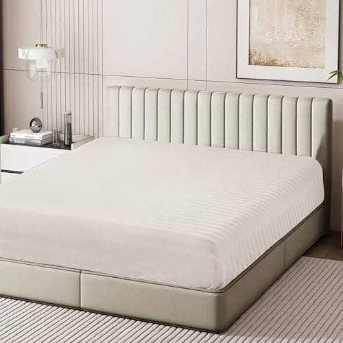100% Egyptian Cotton Fitted Sheet Twin Size Only, 600 Thread Count, 8"-16" Deep Pocket Sateen Weave Bottom Sheet, Soft Breathable Hotel Quality, Foot Side Indicator (Twin, Striped Ivory)