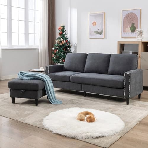 Siiejia Convertible Sectional Couches for Living Room, L-Shaped Couch 3 Seats Sofas with Storage Chaise & 2 Cup Holders, Small Sofa for Apartment, Compact Spaces, Dark Grey 7