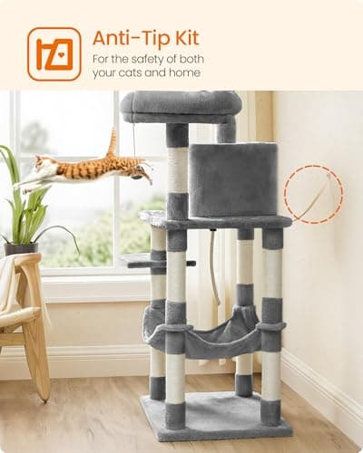 Feandrea Cat Tree, 56.3-Inch Cat Tower, Multi-Level Plush Condo with 11 Scratching Posts, 2 Perches, Hammock, Cave, Light Gray UPCT15W 9