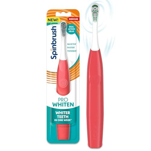 Spinbrush New PRO WHITEN Battery Powered Electric Toothbrush for Adults, Medium Bristles, Coral, 1 Count