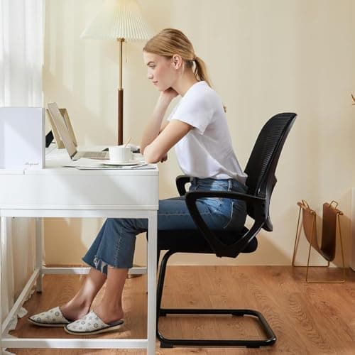 Sweetcrispy Office Desk Chair No Wheels Set of 1, Stationary Non Rolling Mesh Mid Back Computer Guest Side with Lumbar Support for Home Waiting Area Reception Conference Room Bedroom Carpet 2