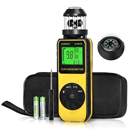AIOMEST Handheld Wind Cup Anemometer with Direction, Digital Wind Speed Meter Gauge Measure 1.5~93MPH Air Flow Velocity, Wind Temp for Outdoor Hunting Shooting Drone Surfing HVAC - AI-881M
