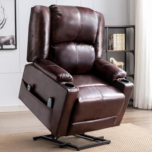 COMHOMA Power Lift Recliner for Elderly,Lift Chair with Heat and Massage,PU Recliner Sofa with Timing Function 2 Side Pockets,Cup Holders and Infinite Position for Living Room (Brown)