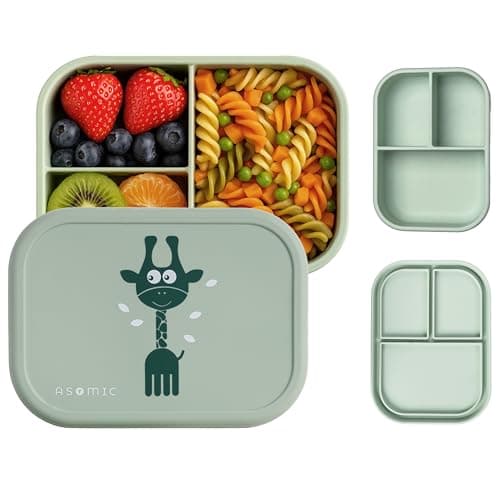 ASOMIC Silicone Bento Lunch Box for Toddlers & Kids, Leakproof & BPA-Free, 3 Compartments, Microwave & Dishwasher Safe, Ideal for Daycare, Preschool & Baby Meals (Sage)