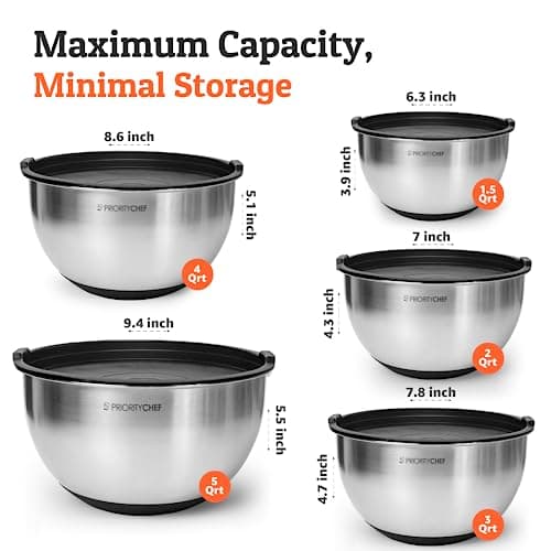 Priority Chef Premium Mixing Bowls With Lids Set, Airtight Lids, Thicker Stainless Steel, Non-Slip Base, 5 Nesting Steel Bowls for Kitchen, Large Prep Metal Bowl Set 1.5/2/3/4/5 Qt, Black 3