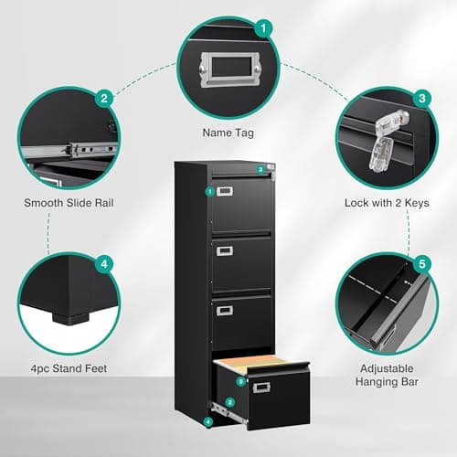 SISESOL 4 Drawer File Cabinet with Lock and Tag,Black Vertical File Cabinet,Narrow Locking Filing Cabinets with Drawers,Metal Filing Storage for Home Office Fit A4 Legal/Letter Size 5