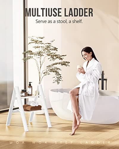 WOA WOA 2 Step Ladder, Foldable Step Stool, Aluminum Lightweight Ladder for Home Kitchen Closet, Anti-Slip Pedals, Ease of Folding, Portable, 300lbs Capacity - White 8