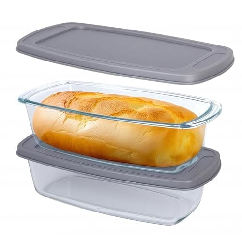 Findful Glass Baking Pan with Lid for Homemade Bread (Set of 2) - Easy- Carry Loaf Pan with Handle - Microwave and Oven Safe - Ideal for Bread, Meatloaf, Cakes - 1.9 Qt, Clear
