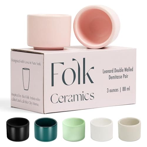 Folk Ceramics Leonard Ceramic Espresso Cups | Modern Stackable Demitasse Mugs for Espresso | Thick Walled, Handleless, Durable, Dishwasher & Microwave Safe | Set of 2, 3oz | Pale Pink