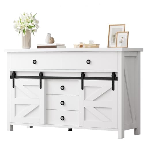 YITAHOME 54" Farmhouse Dresser for Bedroom, Large Modern Chest of Drawers, Wood Rustic Dresser TV Stand with 5 Drawers & 2 Sliding Barn Doors for Living Dining Room, Entryway, Hallway, White