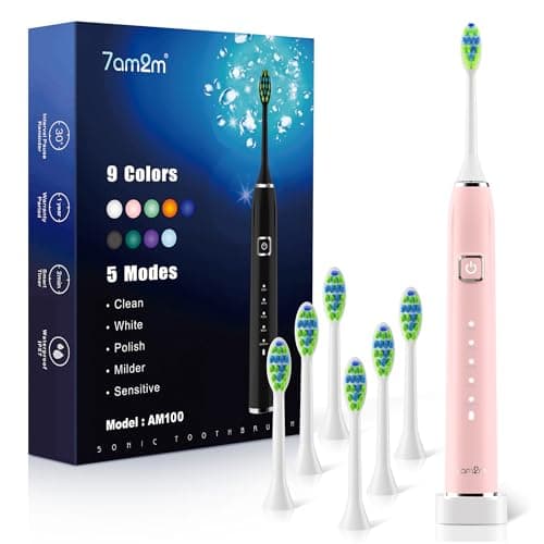 7AM2M Sonic Electric Toothbrush with 6 Brush Heads for Adults and Kids, One Charge for 90 Days, Wireless Fast Charge, 5 Modes with 2 Minutes Built in Smart Timer, Electric Toothbrushes(Pink)