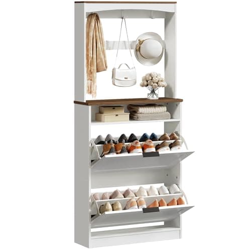 YATINEY Tall Shoe Cabinet with Flip Drawers and Coat Rack, Floor Standing Modern Shoe Storage Organizer, 2-in-1 Hall Tree with Movable Hooks and Open Shelves, for Entryway, White and Walnut SC01WHY1