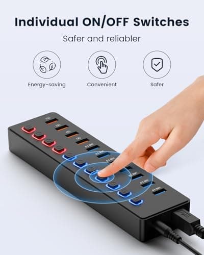 Powered USB hub,USB hub，11-Port hub Splitter (7 USB 3.0 Data Transfer Ports + 4 Smart Charging Port), Independent Switch (with LED Working Indicator) USB 3.0 Hub Powered with Power Adapter for Mac/PC 5