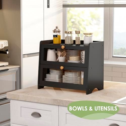 JANSNIMEN Double Layer Bread Box for Kitchen Countertop, Large Breadbox Bread Container Storage with Acrylic Door, Wooden Farmhouse Bread Holder (Black, Medim-15.7" L x 9.5" W x 13" H) 7