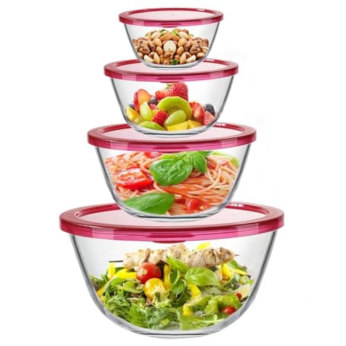 KOMUEE 4 Pack Glass Mixing Bowls Set with Lids (4.8QT, 2.9QT, 1.7QT, 0.8QT), Glass Nesting Bowls for Kitchen Baking, Cooking and Serving, Oven, Dishwasher, Freezer, and Microwave Safe